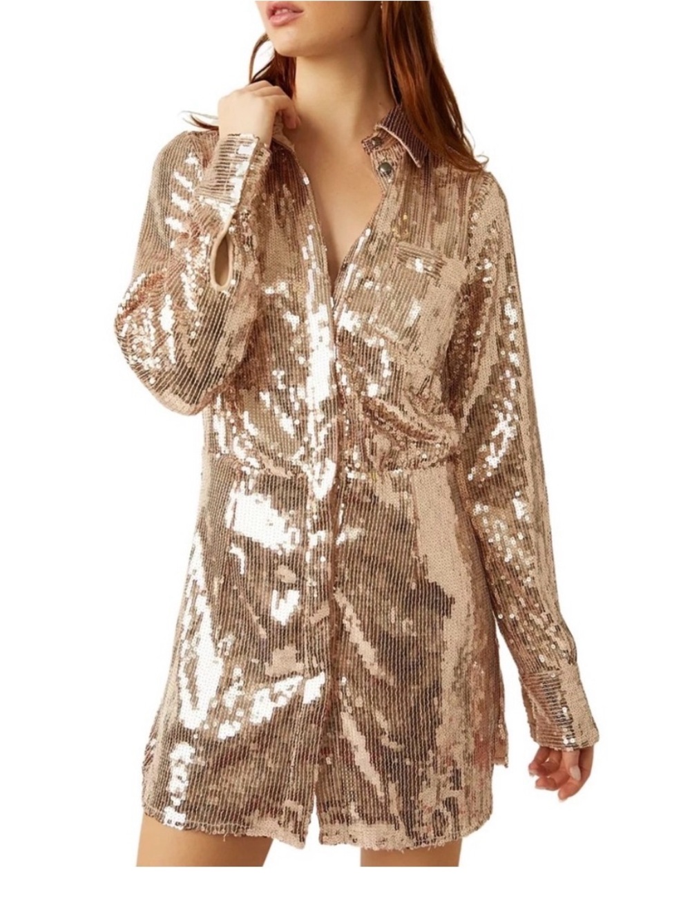 Free People Rose Gold Sequin Shirt Dress Robe